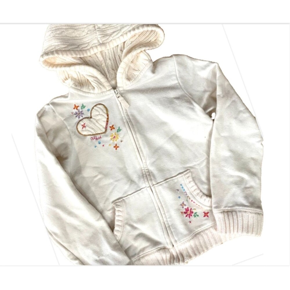 OshKosh B'gosh Girls 6X Full Zip Hooded Cotton White Sweater Jacket Floral Ivory - Picture 4 of 11